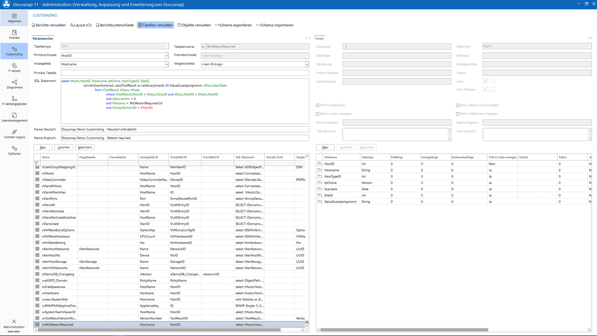 Screenshot: Customizing Tabellenverwaltung
