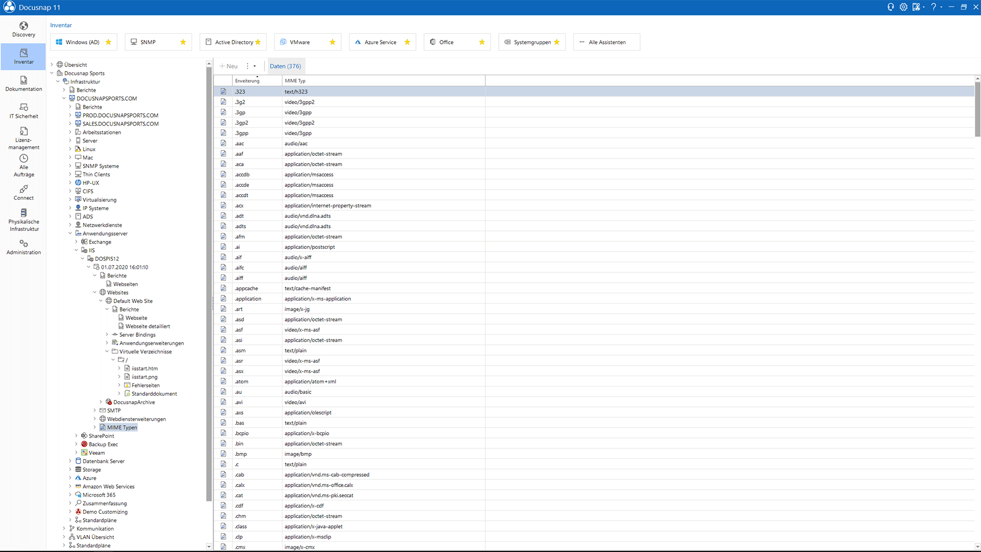 Screenshot: MS IIS Inventarisierung im Datenexplorer