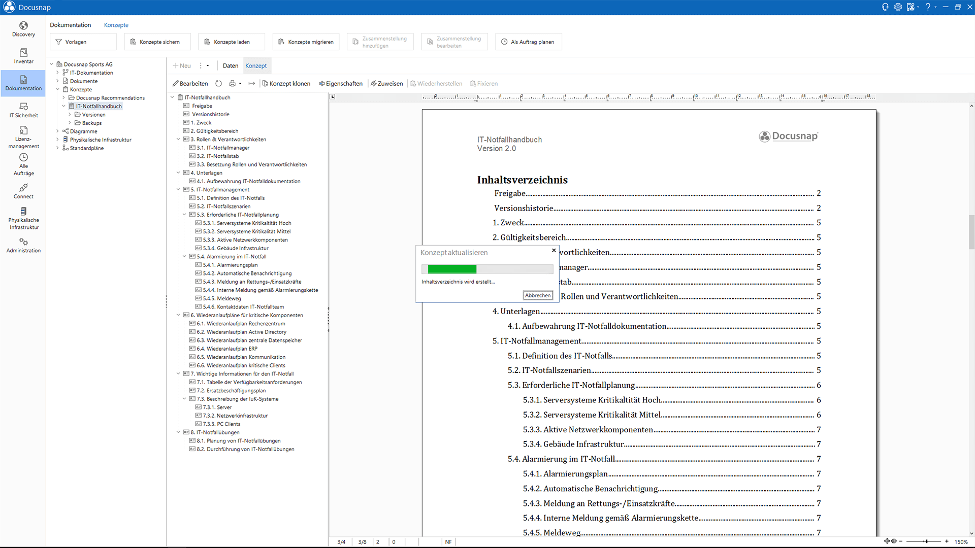 Screenshot: IT-Betriebshandbuch Inhaltsverzeichnis