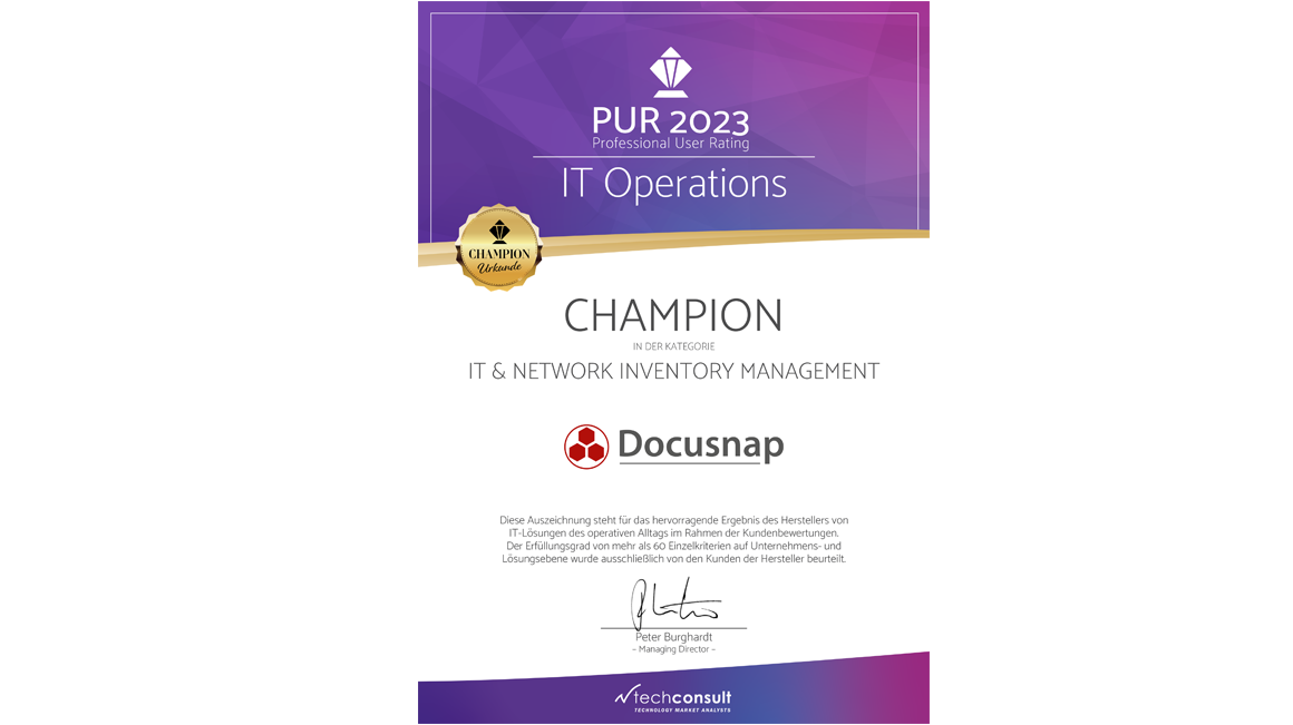 Urkunde der Auszeichnung PUR 2023 für Docusnap