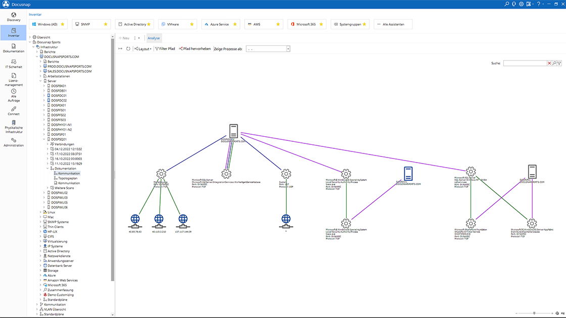 Screenshot aus der Software Docusnap: Visualisierung von Kommunikationsverbindungen eines Applikationsservers
