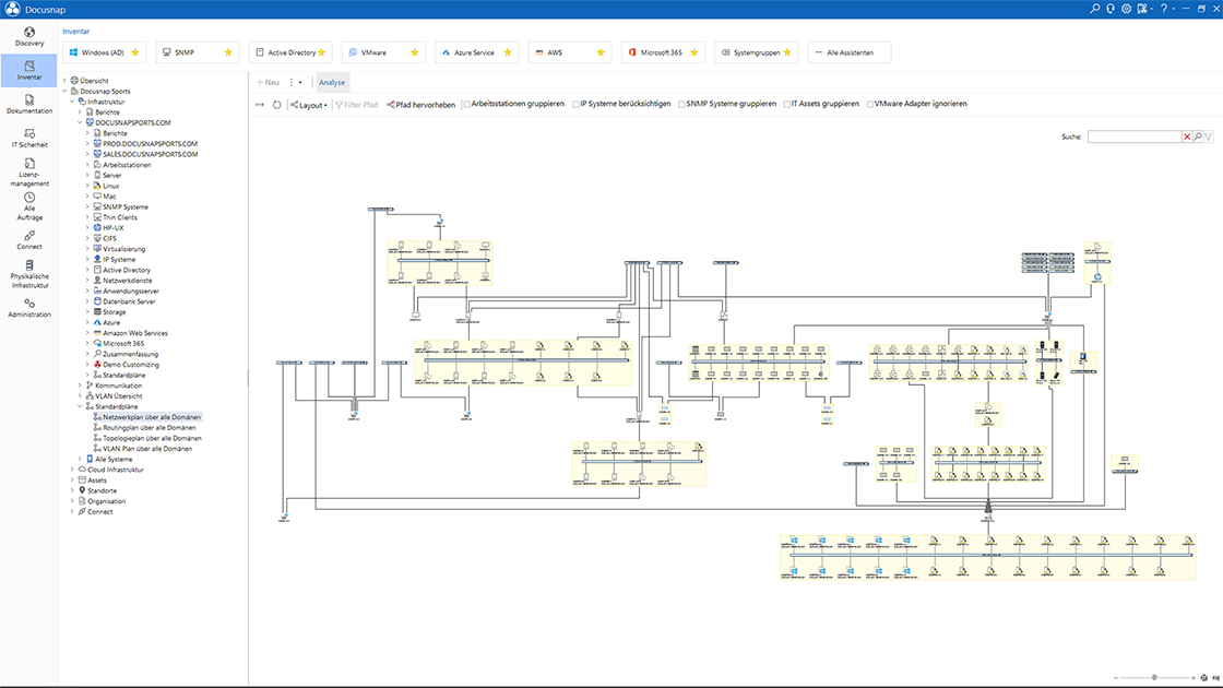Screenshot aus der Software Docusnap: Darstellung eines automatisch generierten Layer-3-Netzwerkplans
