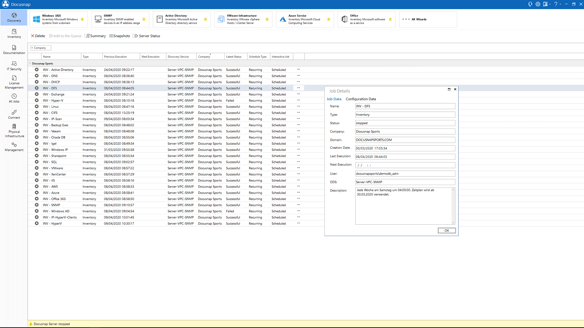 Screenshot: Configuration of the Docusnap Discovery Services for remote inventories