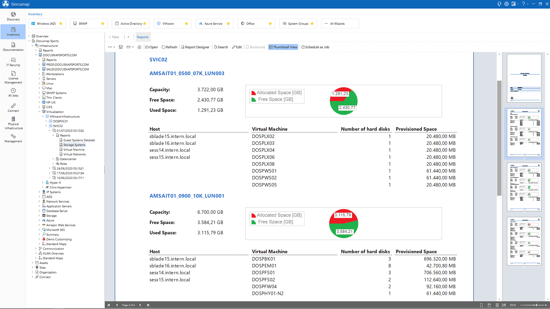 Screenshot: Evaluation of the data store usage of virtual machines on ESX hosts