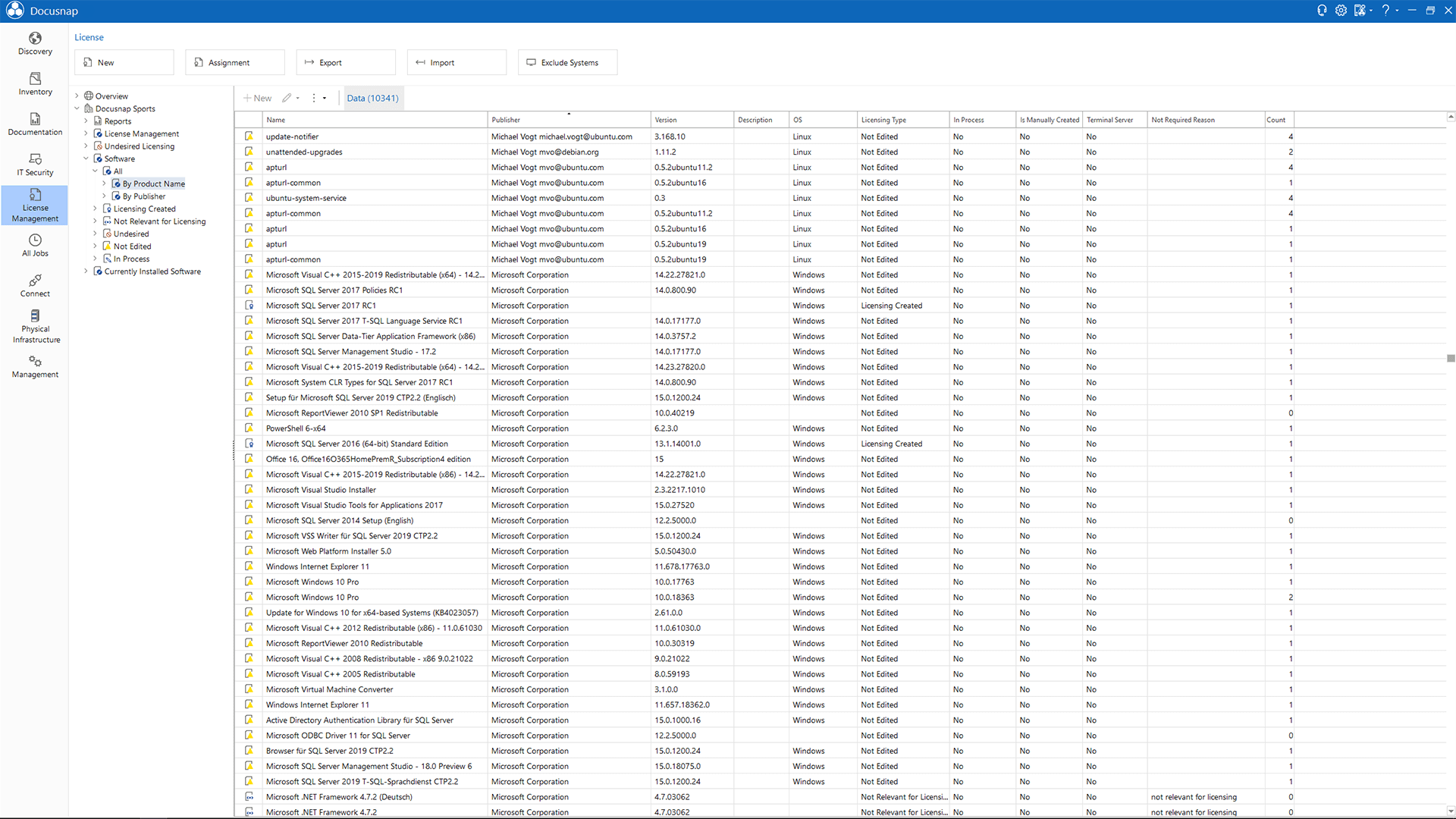 Screenshot: Complete list of all inventoried Windows, Linux, and Mac software in the License Management module