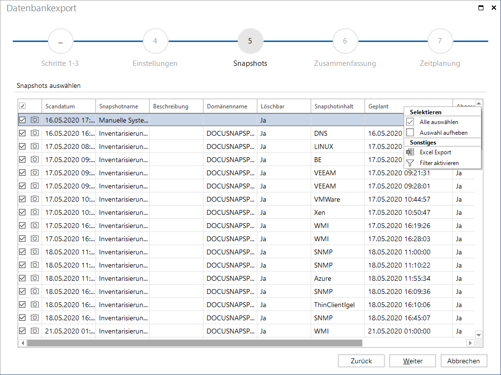 Docusnap-Datenbankexport-Snaphots