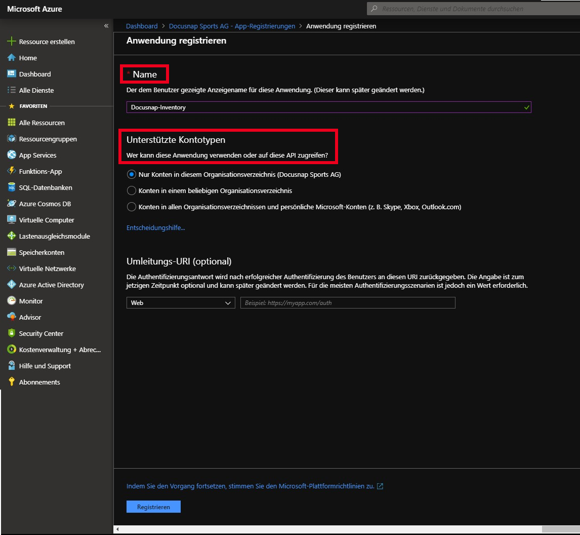 Docusnap-Inventarisierung-Azure-Vorbereitung-Anwendung-anlegen