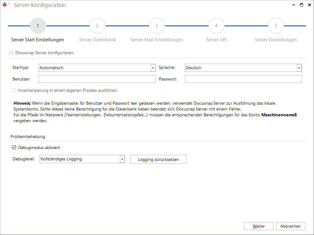 Docusnap-Konfiguration-Server-Start-Debug