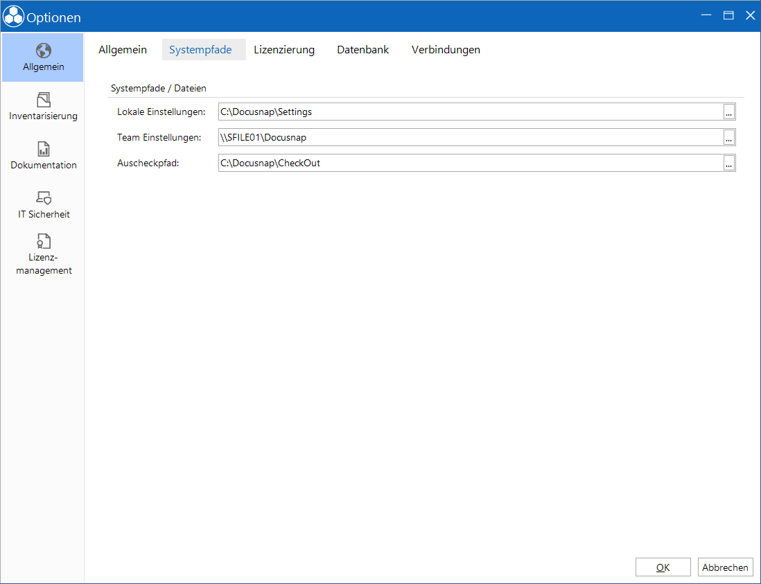 Docusnap-Optionen-Systempfade