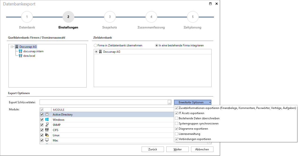 Docusnap-Datenbankexport-Einstellungen