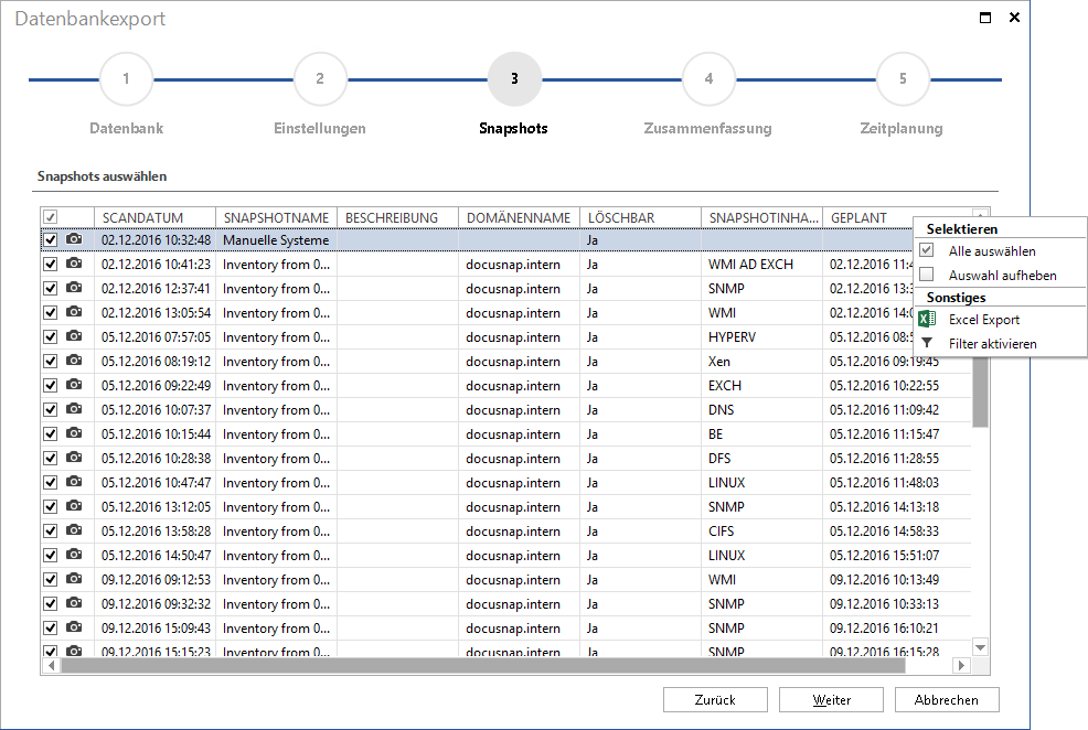 Docusnap-Datenbankexport-Snaphots