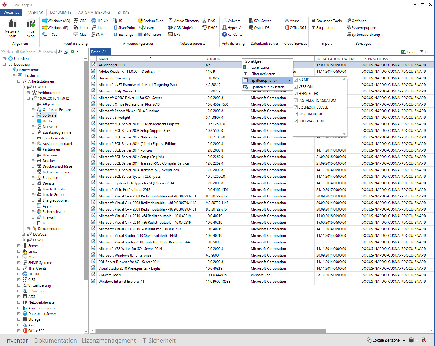 Docusnap-Datenexplorer-Spaltenoptionen