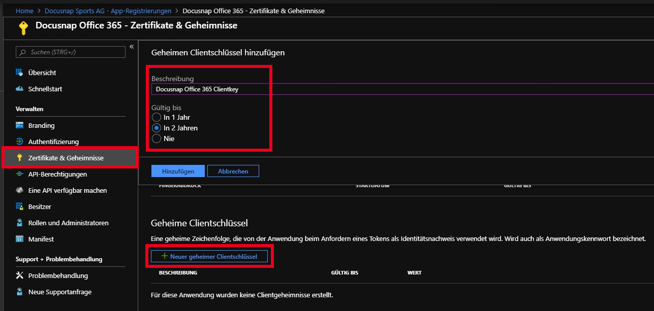 Docusnap-Inventarisierung-Azure-Vorbereitung-Office365-Schlüssel-erzeugen